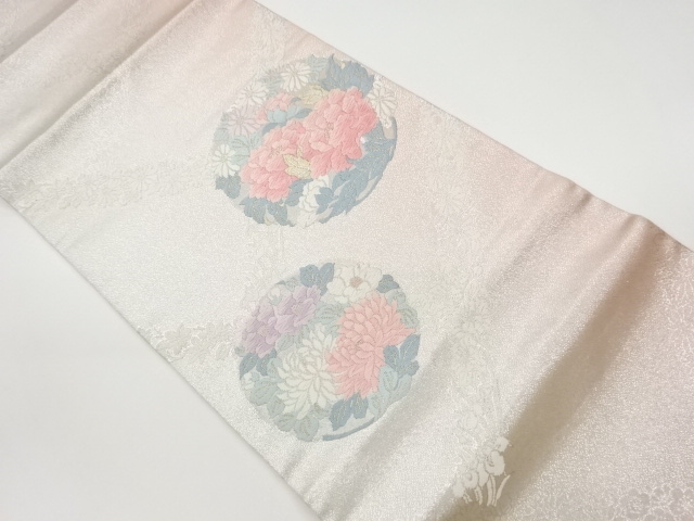 リサイクル　襷に丸文・花々模様織出し開き名古屋帯（額縁仕立て）